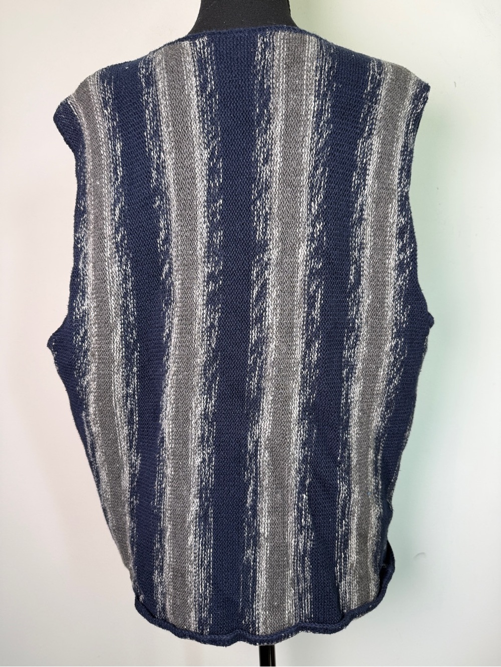 Vintage Ramie Cotton Sweater Vest Gray Navy Striped Sz L 90s - Picture 4 of 7
